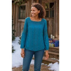 Sundance Enchanted Evening Silk Tunic Blue Teal Crochet Lace Medium